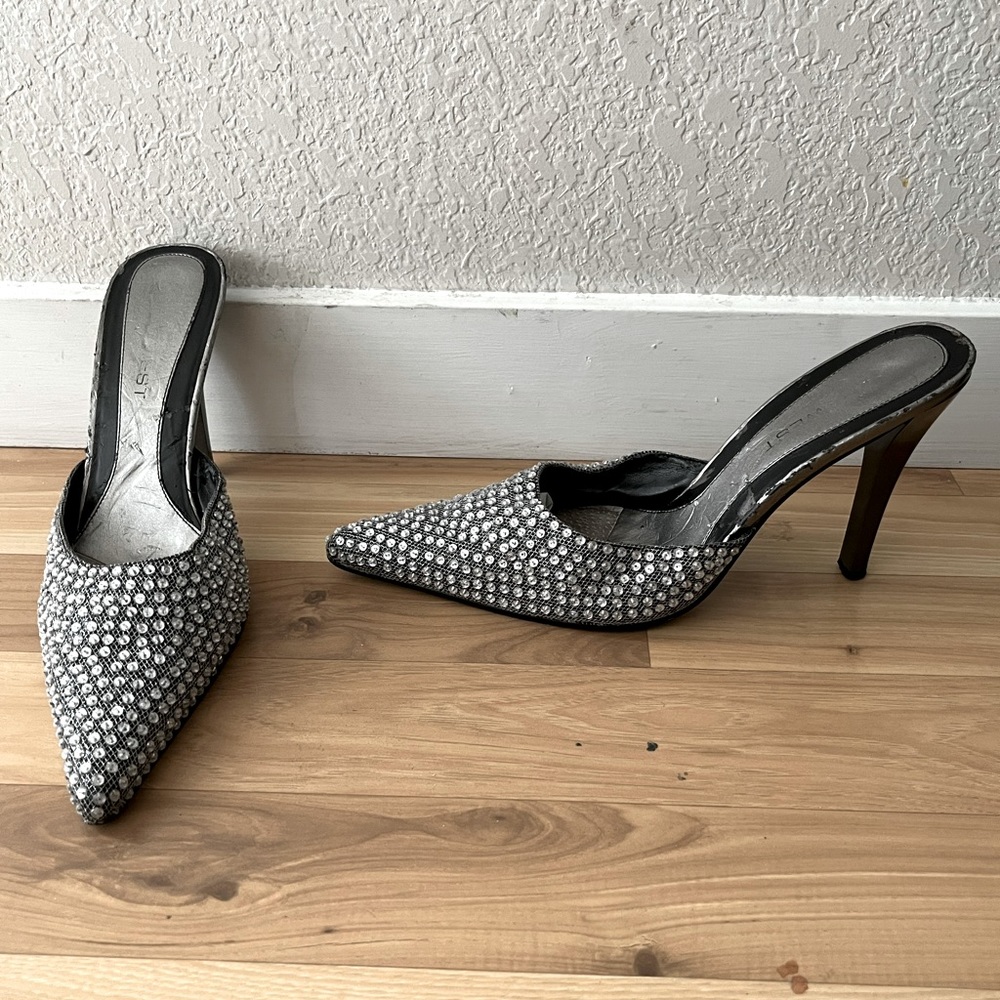 Silver Nine West rhinestone heels